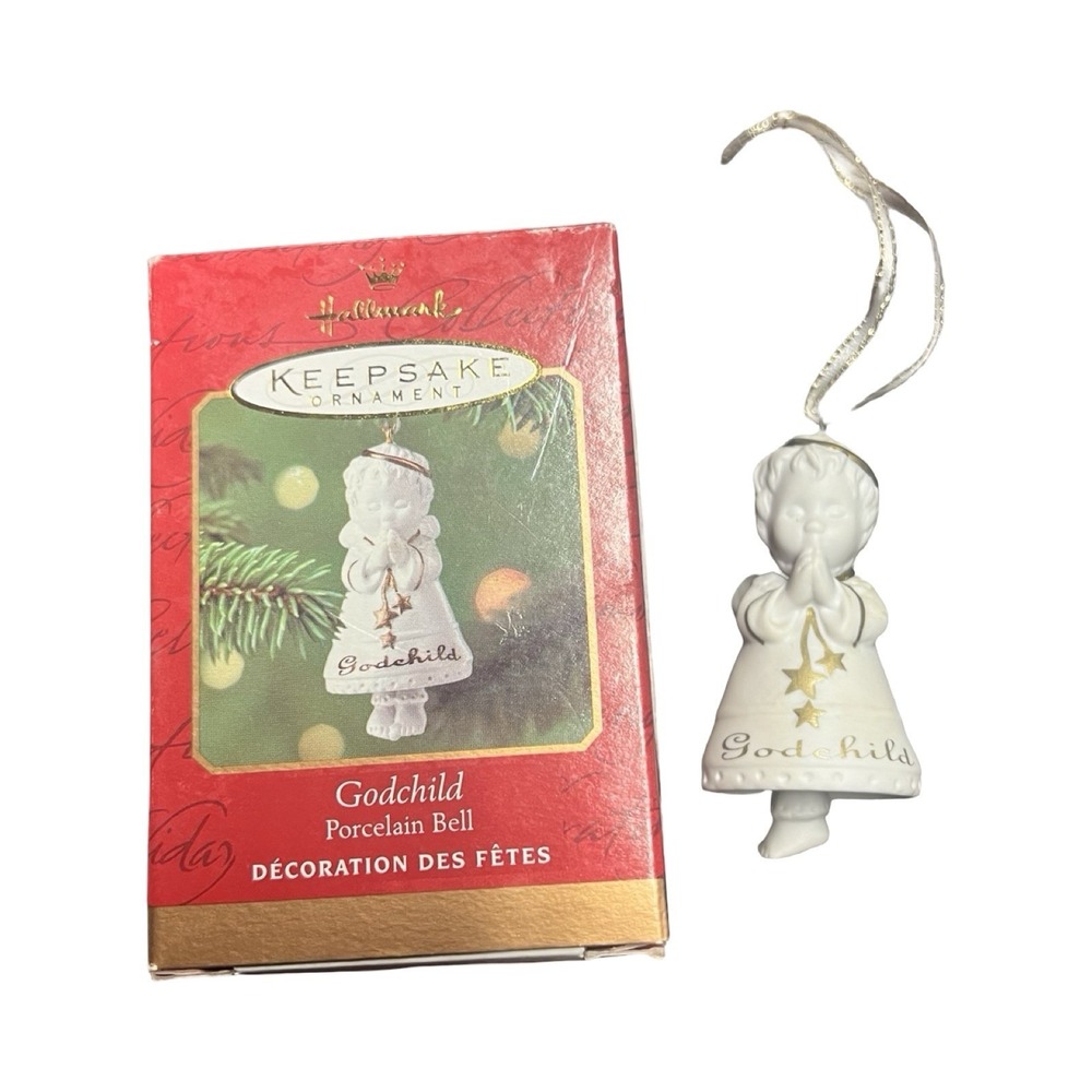 Hallmark Keepsake 2001 Godchild‎ Porcelain Bell Angel Ornament QX8452 White Gold